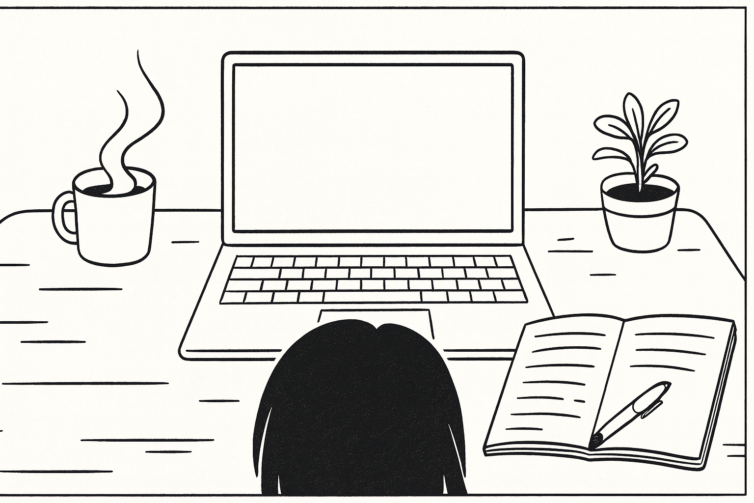 Simple black and white hygge illustration of woman at a desk